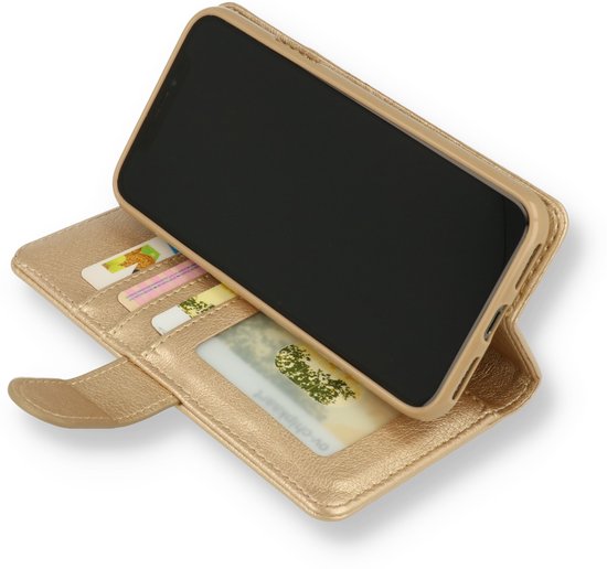 Gouden glitter portemonnee hoesje met een telefoon erin, met creditcards.