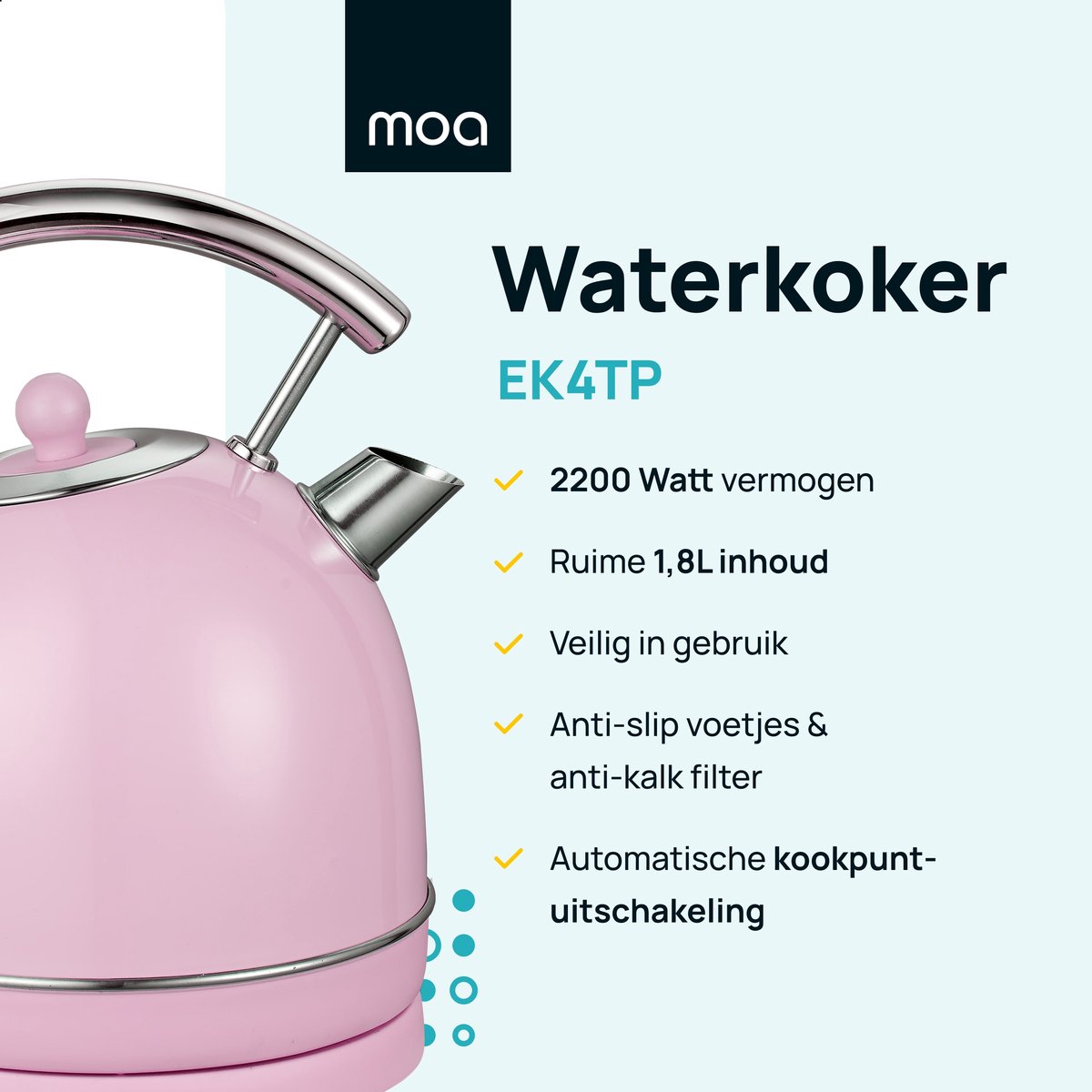 MOA Waterkoker Retro - 1,8 Liter - Elektrische Waterkoker - BPA-vrij - Anti Calcium Filter - RVS - 2200W - Pastel Roze – foto 3
