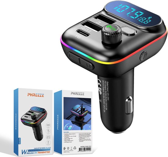 Phreeze Bluetooth FM Transmitter - Autolader - Bluetooth Carkit - Handsfree - Muziek Streamen - Bluetooth 5.0 en USB 3.0 Quick Charge - Handsfree Bellen - Extra Grote Microfoon - Extra bass - Telefoon Opladen - Spraakbediening - Auto Accessoires