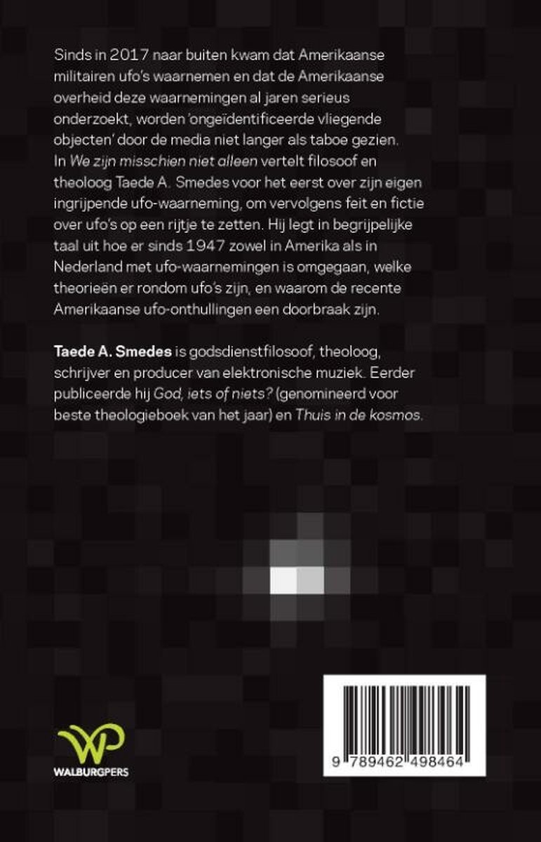 Boekomslag met grijze en zwarte pixelachtige achtergrond en tekst. Onderaan staat een barcode.