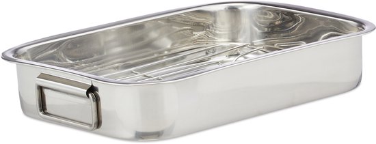 Relaxdays braadslede met rooster - edelstaal - ovenschaal - braadpan - braadslee - zilver - M