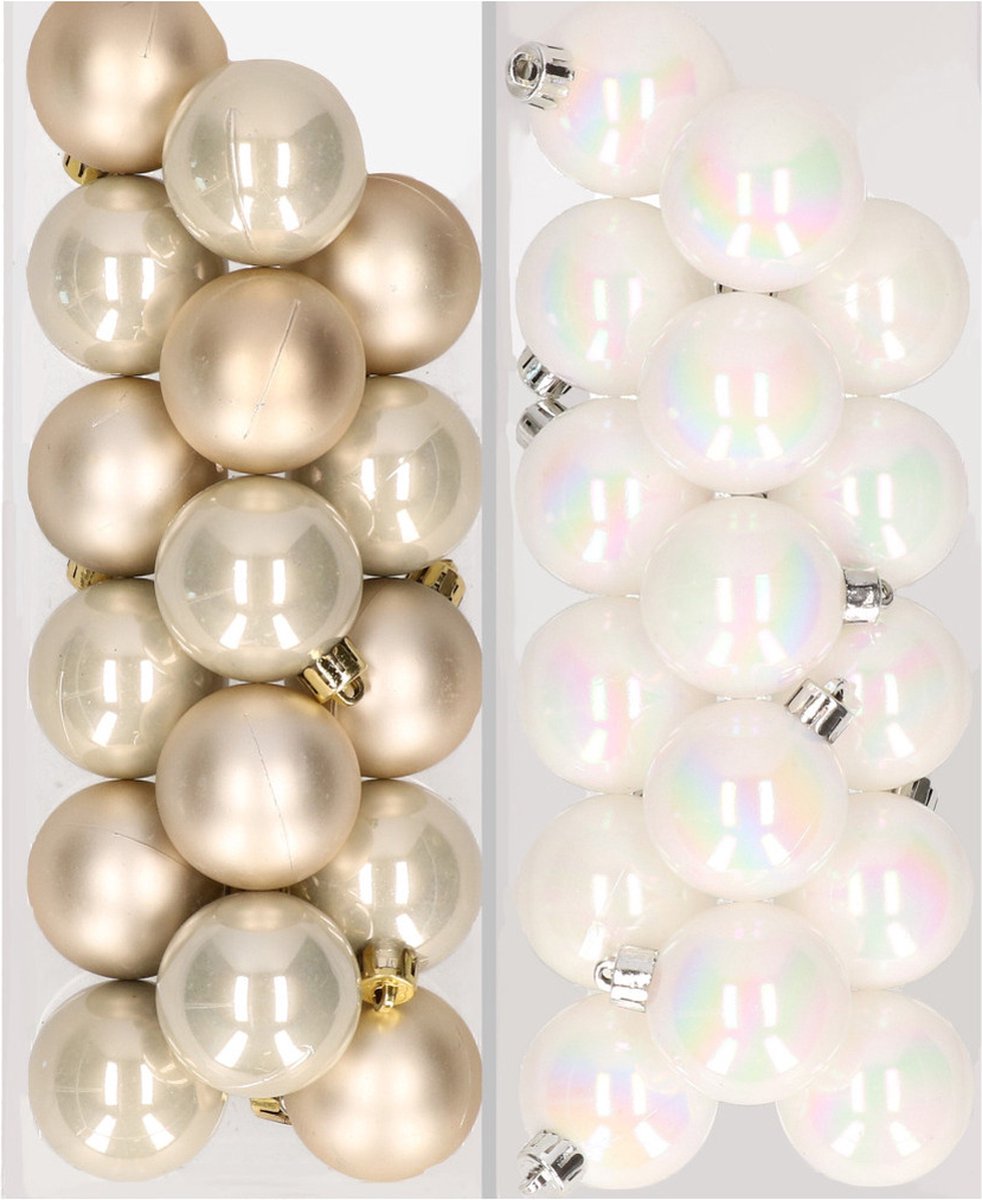 Kleine kerstballen in champagne en wit parelmoer, set van 32 stuks, D4 cm, kunststof, kerstversiering.