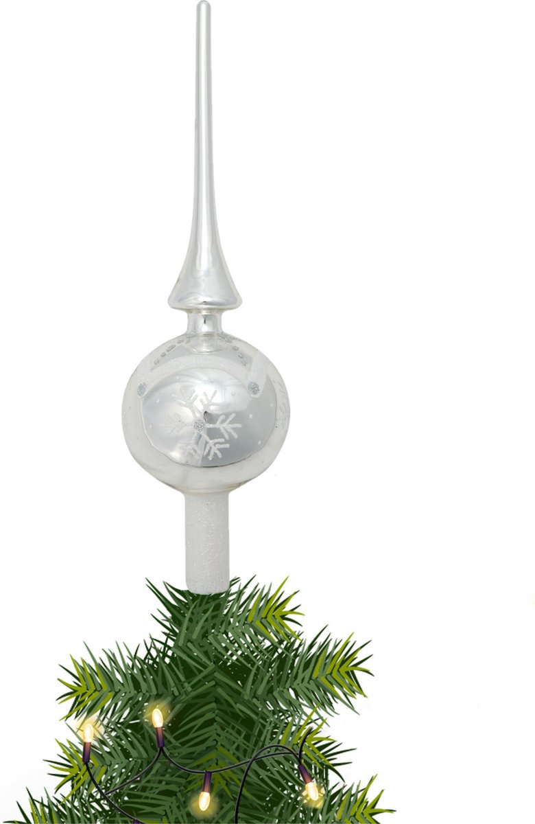 Bellatio Decorations Kerstboompiek - 1x - 28 cm - sneeuwvlok - zilver - Kerstboompieken/kerstpieken van glas