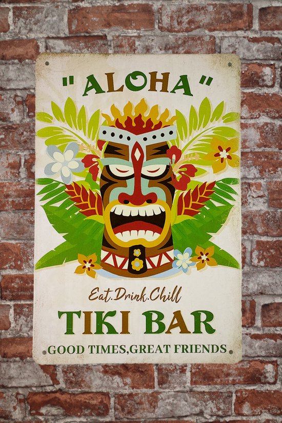 Targa In Metallo Retrò 'The Tiki Bar - Eat, Drink, Chill' Per Bar, Pub O Taverna, 8x6 Pollici