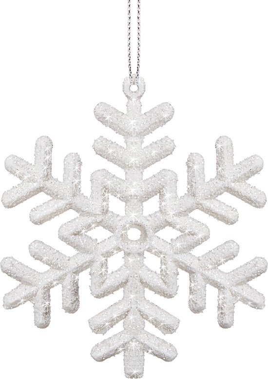 Witte, glitterende sneeuwvlok kersthanger met zilveren lusje.