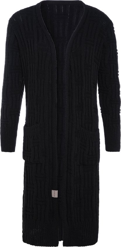 Knit Factory Bobby Lang Gebreid Vest - Cardigan voor de herfst en winter - Zwart damesvest - Lang vest tot over de knie - Grof gebreid vest uit 30% wol en 70% acryl - Zwart - 36/38 - Met steekzakken