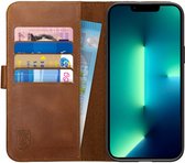 Rosso Deluxe Echt Leer Book Case Hoesje Geschikt voor Apple iPhone 14 Plus | Ruimte voor drie pasjes | Portemonnee Book Case | Met Pasjeshouder | Bruin