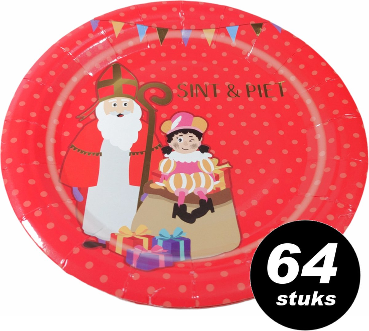 64x Sinterklaas wegwerpbordjes 'Sint & Piet' - 18 cm