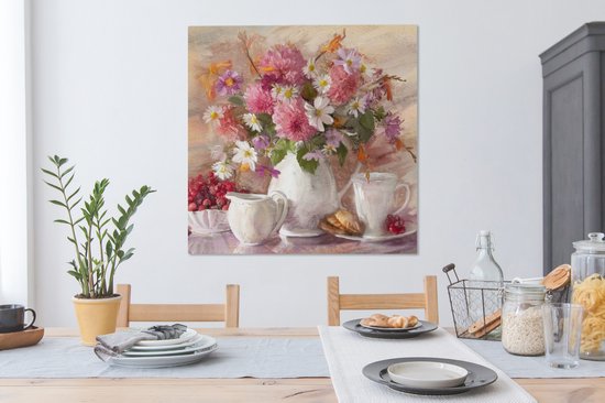 Toile - Peinture - Fleurs - Vase - Huile - 90x90 cm - Décoration murale