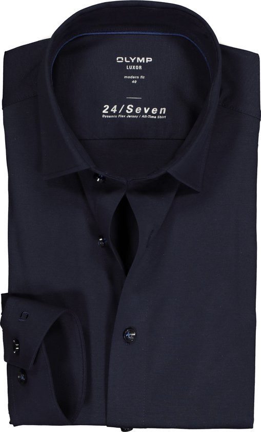 OLYMP Luxor 24/Seven modern fit overhemd - marine blauw tricot - Strijkvriendelijk - Boordmaat: 48