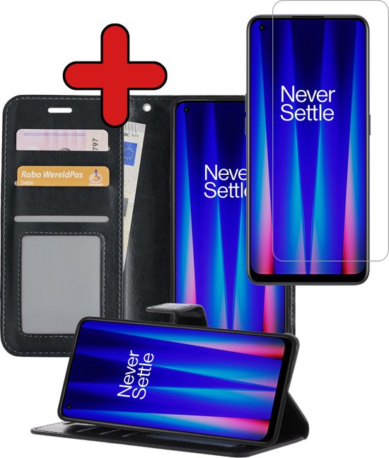 Hoesje Geschikt voor OnePlus Nord CE 2 Hoesje Book Case Hoes Portemonnee Cover Walletcase Met Screenprotector - Hoes Geschikt voor OnePlus Nord CE 2 Hoes Bookcase Hoesje - Zwart.