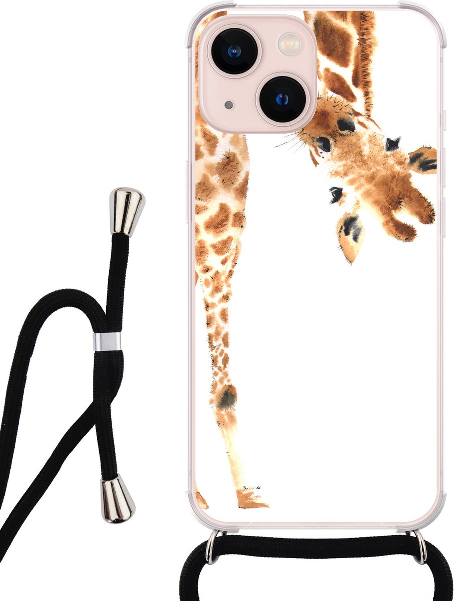 Hoesje met koord - Geschikt voor iPhone 13 - Giraffe - Verstelbaar zwart koord - Bruin, Transparant - Giraffe - Leuke Telefoonhoesjes
