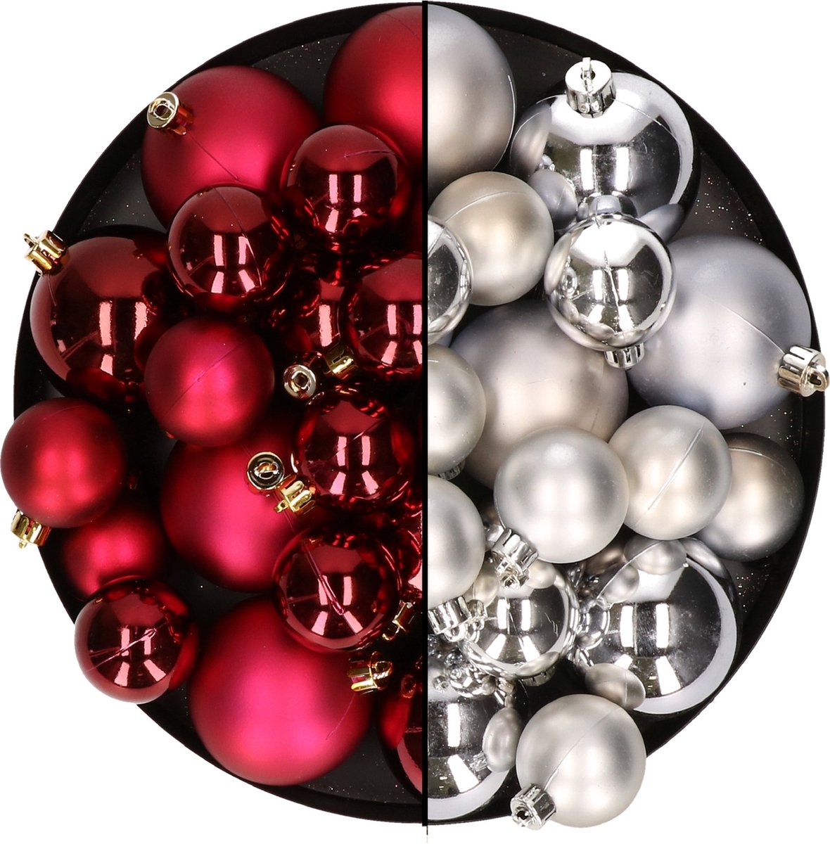 Kerstversiering kunststof kerstballen kleuren mix donkerrood/zilver 4-6-8 cm pakket van 68x stuks