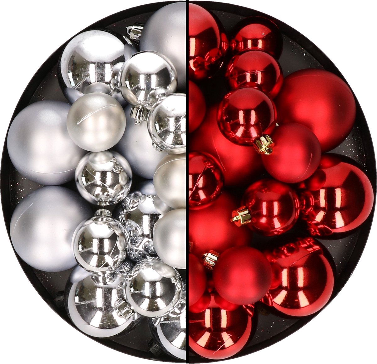 Kerstversiering kunststof kerstballen kleuren mix rood/zilver 4-6-8 cm pakket van 68x stuks