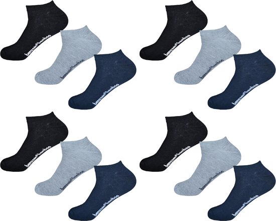 Benyson Bamboe Sokken 12 paar - Enkelsokken Heren & Dames - Grijs, Blauw, Zwart - Maat 35-40 - Naadloos | Vochtregulerend | Anti-bacterieel