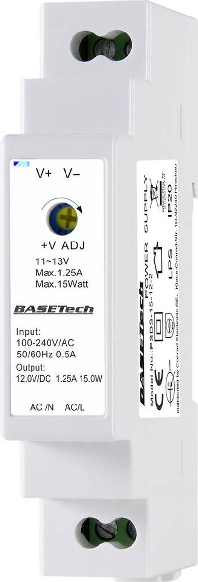 Basetech BT-2250247 DIN-rail netvoeding 12 V 1.25 A 15 W Aantal uitgangen:1 x Inhoud 1 stuk(s)