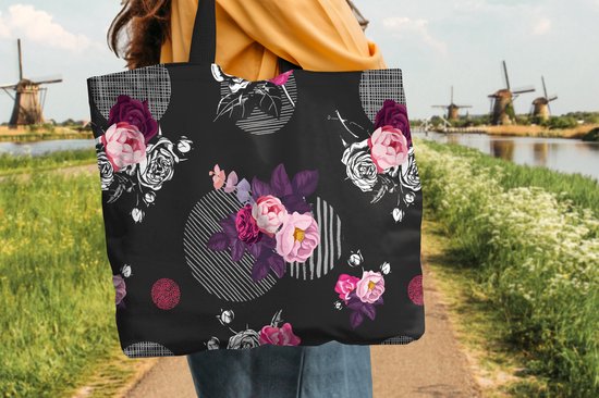 MuchoWow® Schoudertas - Strandtas - Big Shopper - Boodschappentas - Rozen - Bloemen - Patronen - 50x40 cm - Katoenen tas