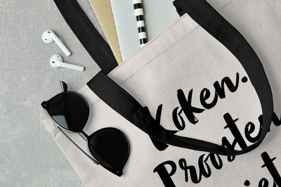 MuchoWow® Schoudertas - Strandtas - Big Shopper - Boodschappentas - Koken. proosten. genieten. - Quote - Taupe - 45x45 cm - Katoenen tas