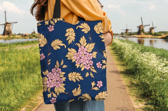 MuchoWow® Sac bandoulière - Sac de plage - Big Shopper - Sac shopping - Fleur - Feuilles - Rose - Or - Motifs - 40x50 cm - Sac en coton