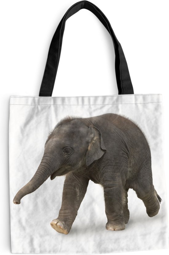 MuchoWow® Schoudertas - Strandtas - Big Shopper - Boodschappentas - Kleine olifant tegen witte achtergrond - 40x40 cm - Katoenen tas
