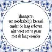 Tegeltje met Spreuk (Tegeltjeswijsheid): Managers; een noodzakelijk kwaad, omdat de laag erboven niet weet om te gaan met de laag eronder + Kado verpakking & Plakhanger