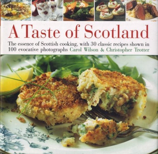 Boek 'A Taste of Scotland' met op de cover twee gouden, gepaneerde viskoekjes op een bedje van rucola met citroen.