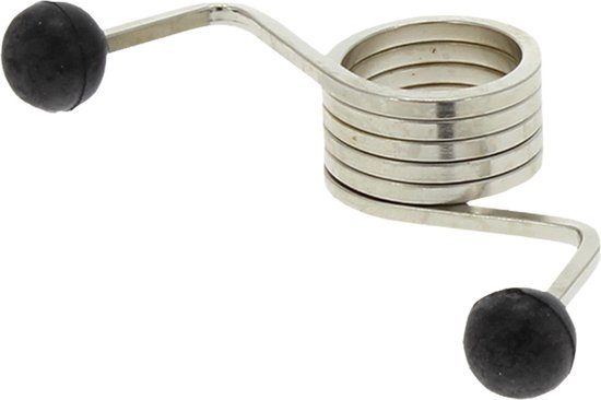 Zilverkleurige, gelaagde veer met twee zwarte knoppen aan metalen armpjes.