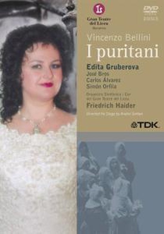 Edita Gruberova in een witte kanten jurk, met donker haar en rode lippen, op de cover van 'I puritani'.