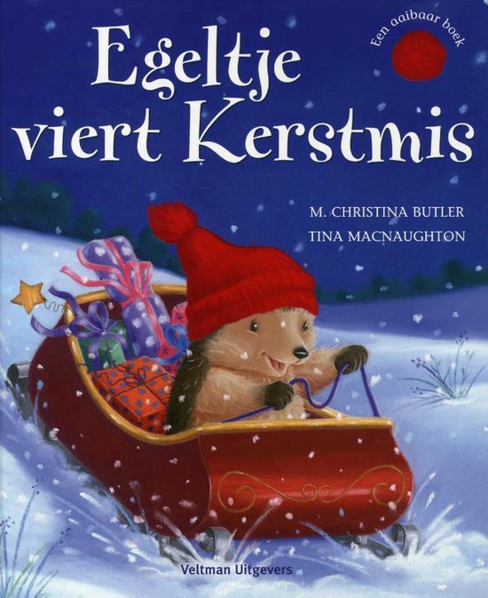 Een egel met een rode kerstmuts en een rode sjaal zit in een gouden slee met cadeautjes en trekt deze door de sneeuw.