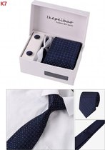 Elegante Stropdas Set in Geschenkdoos - inclusief Manchetknopen, Pochet en Dasspeld - K7 - Donker Blauw