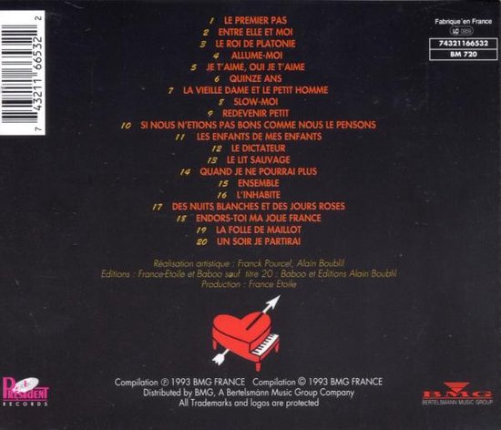 Achterkant CD-hoes met tracklist, hartpiano en logo's.