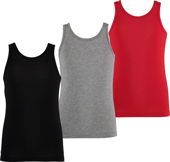 Apollo Jongens Singlet Hemd Bamboe 3-Pack Zwart Grijs Rood - Maat 134/140