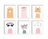 Poster Set 6 ours doux alpaga renard panda lapin et minou avec couronne et fleurs / Animaux / Chambre d'enfant - Affiche chambre d'enfant / Chambre de bébé