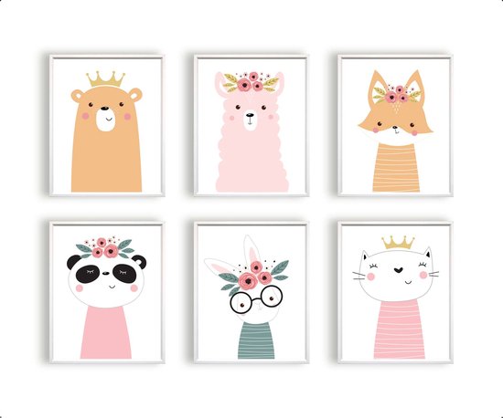 Poster Set 6 lief beer alpaca vos panda konijn en poesje met kroon en bloemetjes / Dieren / Babykamer - Kinderkamer poster / 40x30cm