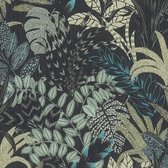 Bloemen behang Profhome 378603-GU vliesbehang licht gestructureerd met exotisch patroon mat zwart blauw grijs groen 5,33 m2