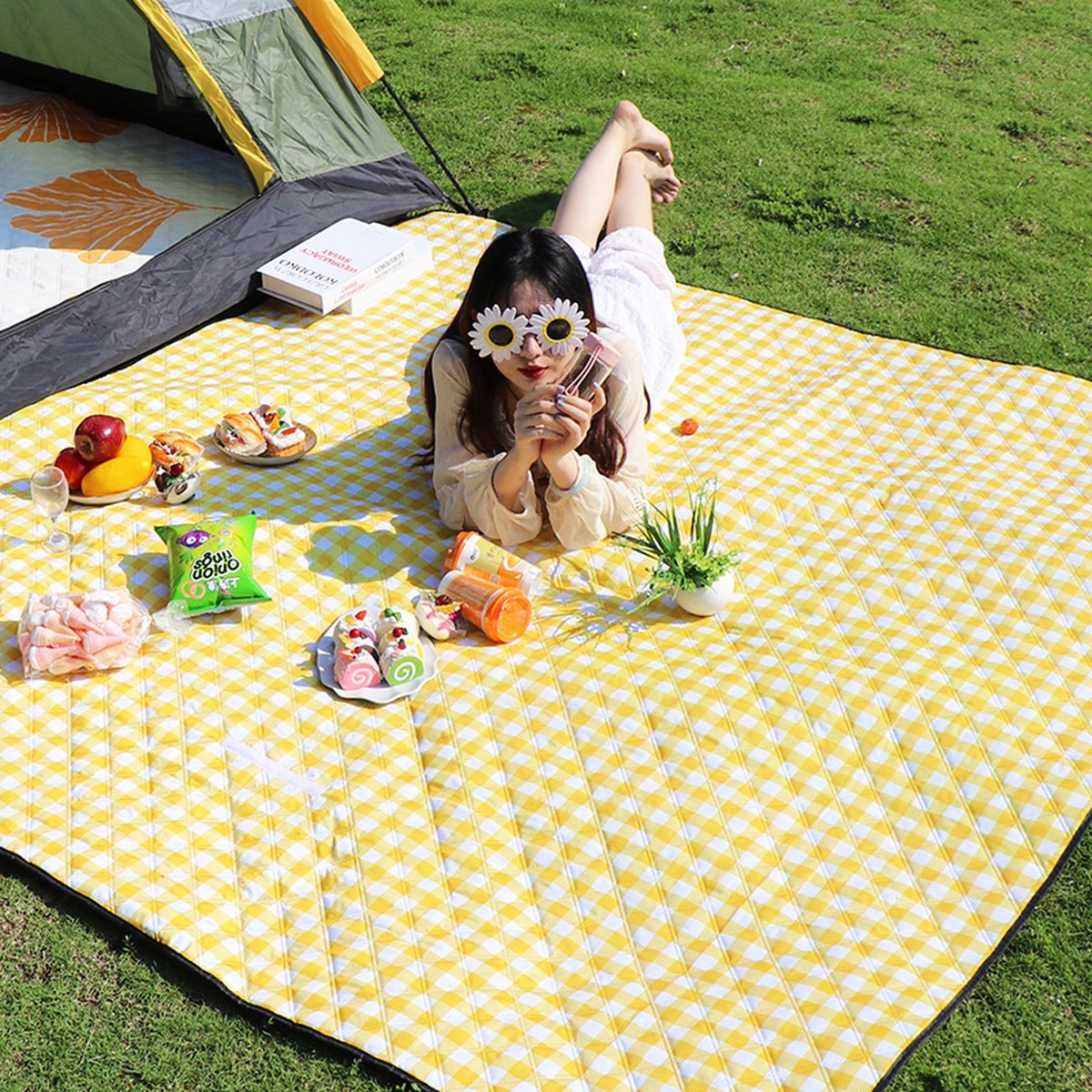 Fuegobird- Picknickdeken-200 x 200 cm-Stranddeken- Opvouwbare campingdeken- Waterdicht- Zanddichte picknickmat- Draagbare tuin-strandmat- Machinewasbaar- voor kamperen- Tuin- Park- Strand-geschikt voor kinderen's kruipdeken (geel) — cadeau in Sport & Outdoor - foto 3