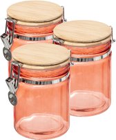 3x stuks voorraadbussen/potten 0,75L glas koraal oranje bamboe beugelsluiting - 750 ml - Voorraadpotten luchtdichte sluiting
