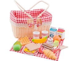 Woet® Houten Picknickmand Speelset - Compleet Picknick Rollenspel met 30+ Accessoires - Brood, Fruit, Drinken, Servies & Kleedje - Educatief Keukenspeelgoed - Vanaf 3 Jaar