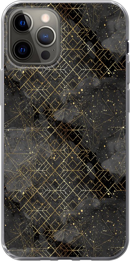 Geschikt voor iPhone 13 Pro hoesje - Marmer print - Zwart - Goud - Geometrie - Siliconen Telefoonhoesje