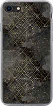 Geschikt voor iPhone SE 2022 hoesje - Marmer print - Zwart - Goud - Geometrie - Siliconen Telefoonhoesje