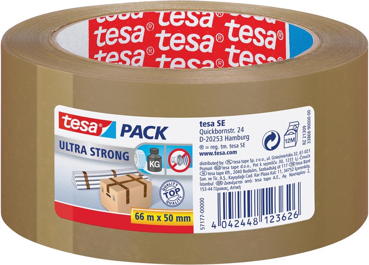 Tesapack Ultra Strong, ft 50 mm x 66 m, PVC, transparant
