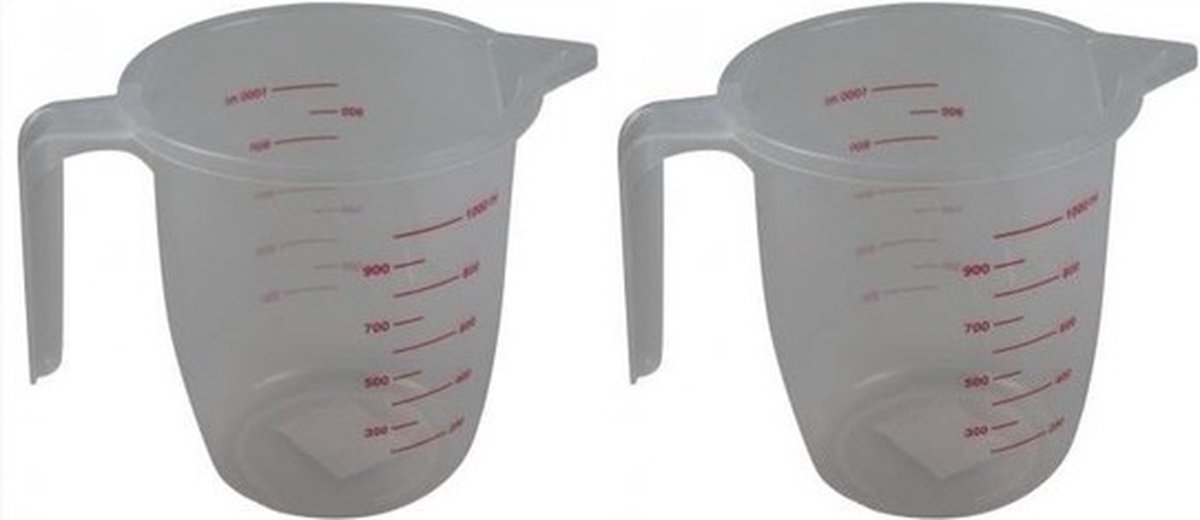 2x Maatbekers 1 liter transparant kunststof - Keuken accessoires en benodigdheden