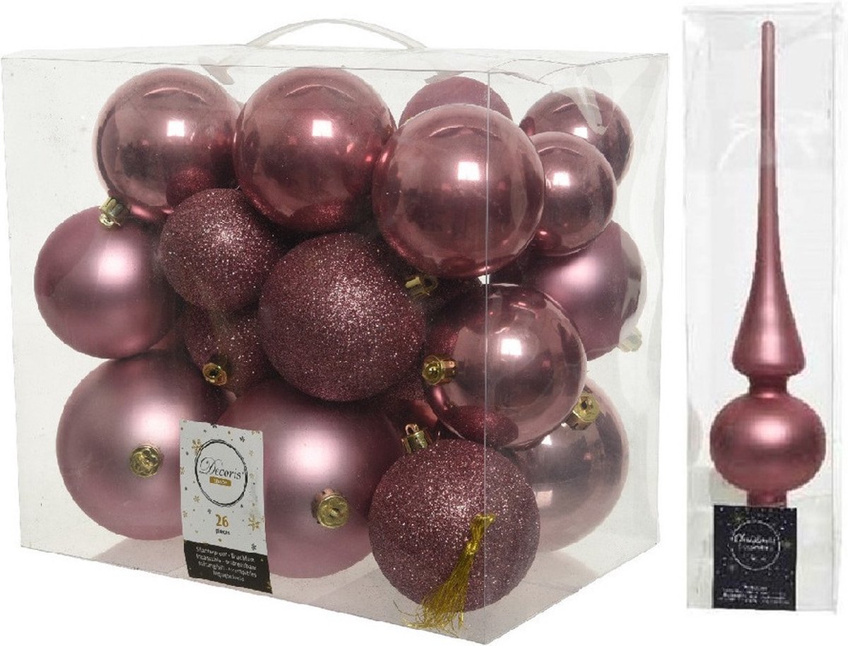 Kerstversiering kunststof kerstballen oud roze 6-8-10 cm pakket van 27x stuks - Met mat glazen piek van 26 cm