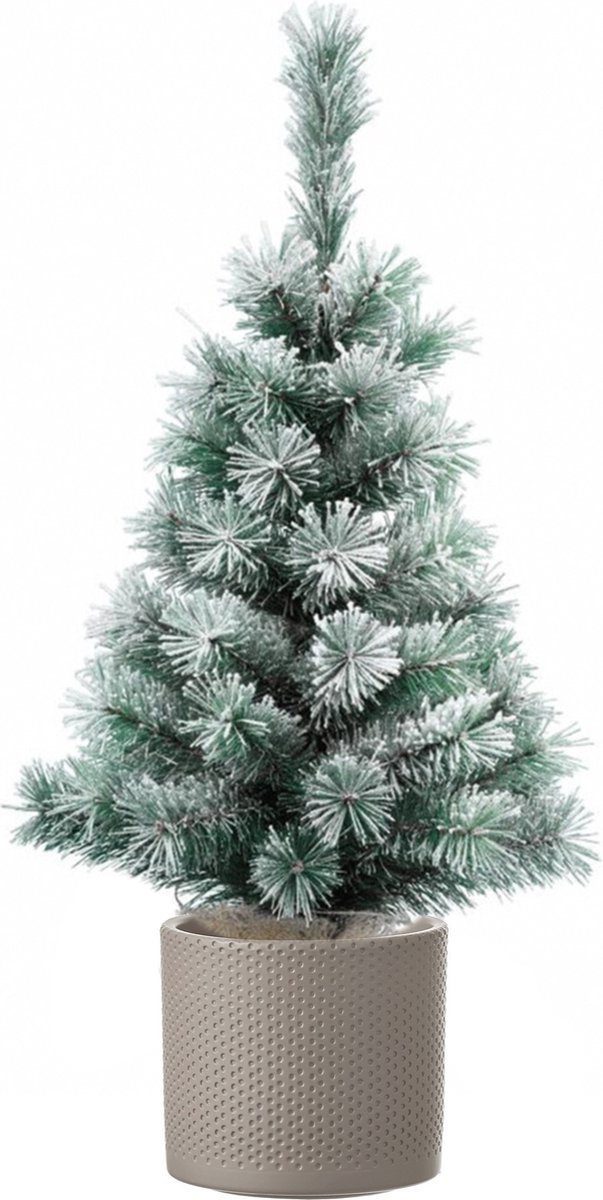 Mini kunst kerstboom besneeuwd 60 cm - Inclusief taupe plantenpot 12,5 x 13,5 cm - Kunstboompjes