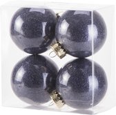 4x boules de Noël en plastique avec finition pailletée bleu foncé 8 cm - finition pailletée - Décorations de Noël/ décorations d'arbres