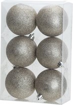 6x stuks kunststof glitter kerstballen champagne 8 cm - Onbreekbare kerstballen - Kerstversiering