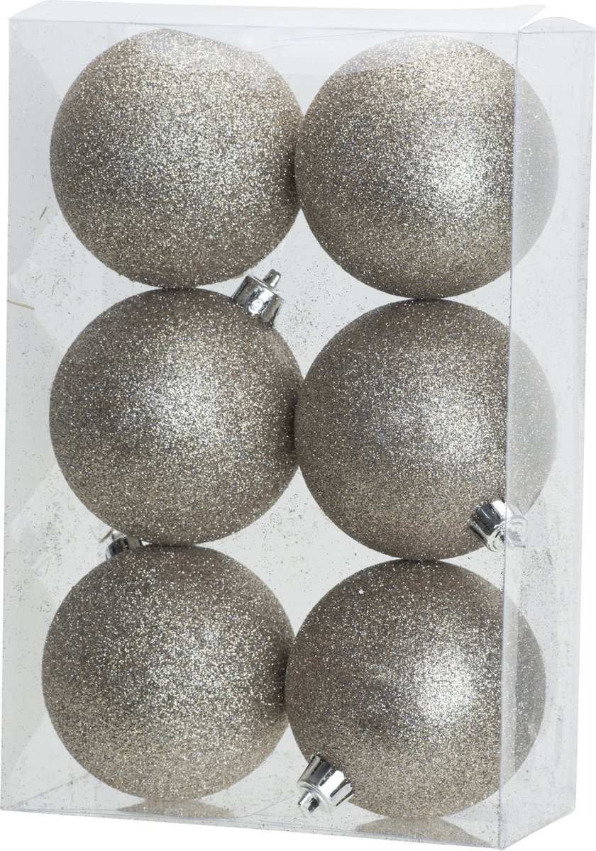 Chique champagnekleurige kerstballen met glitters - set van 6 - kunststof - D8 cm