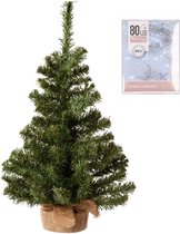 Volle kerstboom in jute zak 60 cm inclusief helder witte kerstverlichting