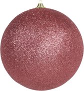 1x Grote koraal rode glitter kerstballen 18 cm - hangdecoratie / boomversiering glitter kerstballen