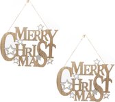 2x stuks houten kersthangers/hangdecoratie bordjes Merry Christmas naturel hout 32 cm - Kerstversiering bordjes